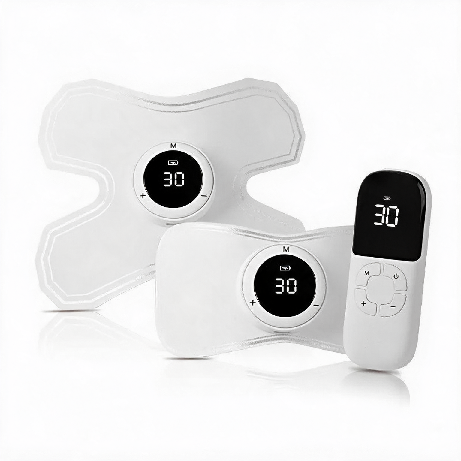 ALIV wireless NMES device — two electrode pads and remote control
