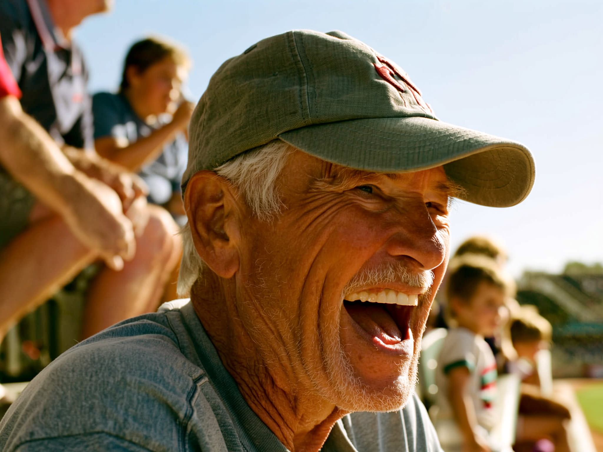 Grandfather cheering at grandson's baseball game