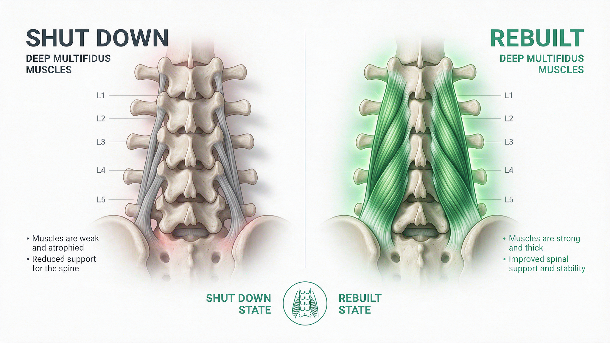 Deep spinal muscles diagram — Shut Down vs Rebuilt comparison