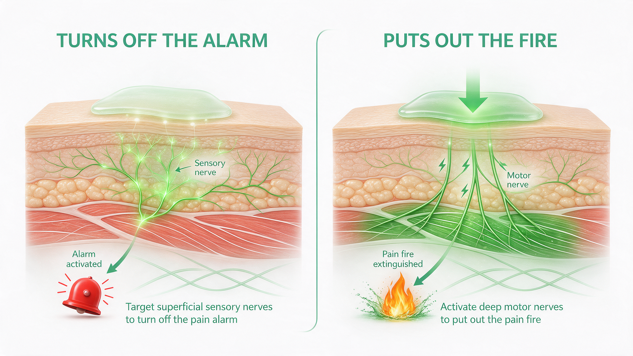 TENS vs NMES comparison — Turns Off the Alarm vs Puts Out the Fire