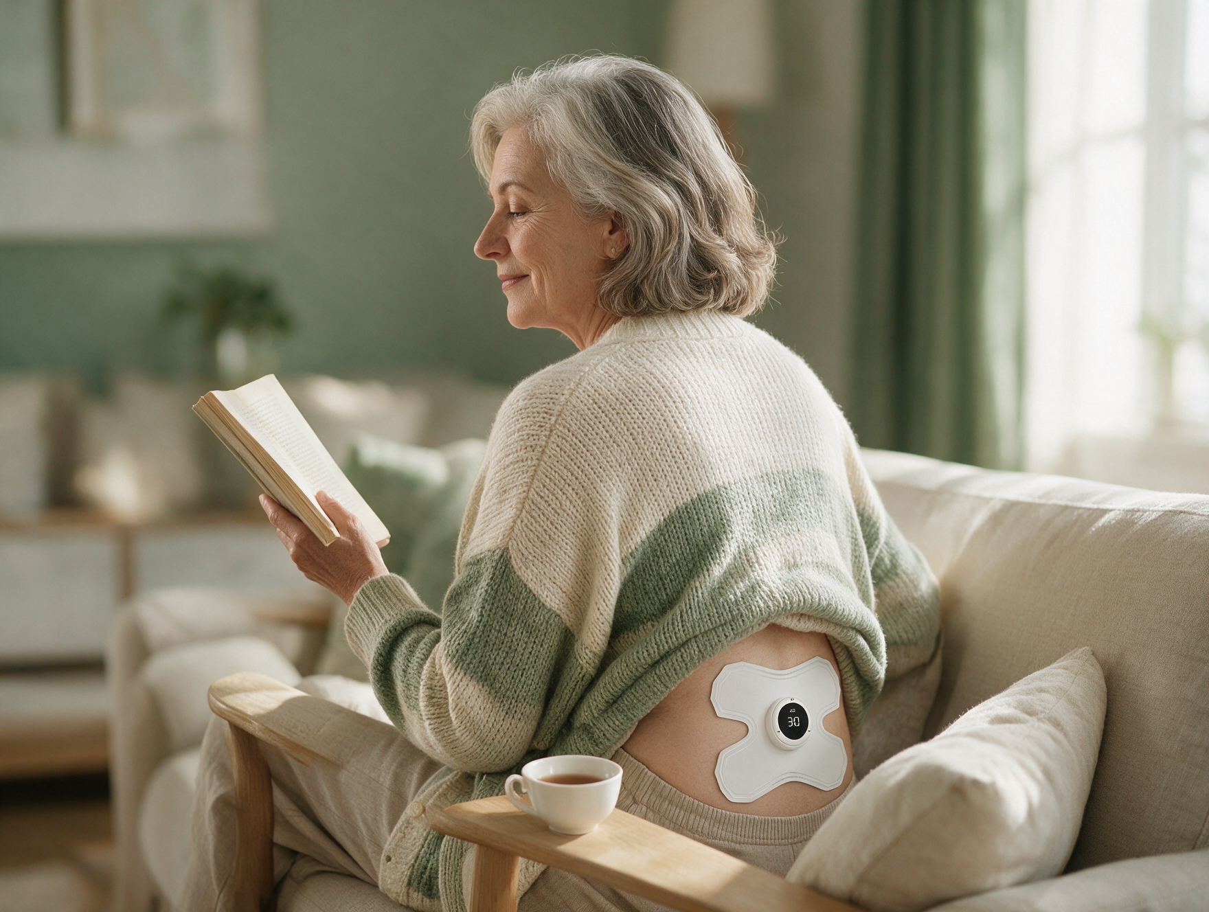 Woman wearing ALIV electrode pad on lower back while relaxing at home